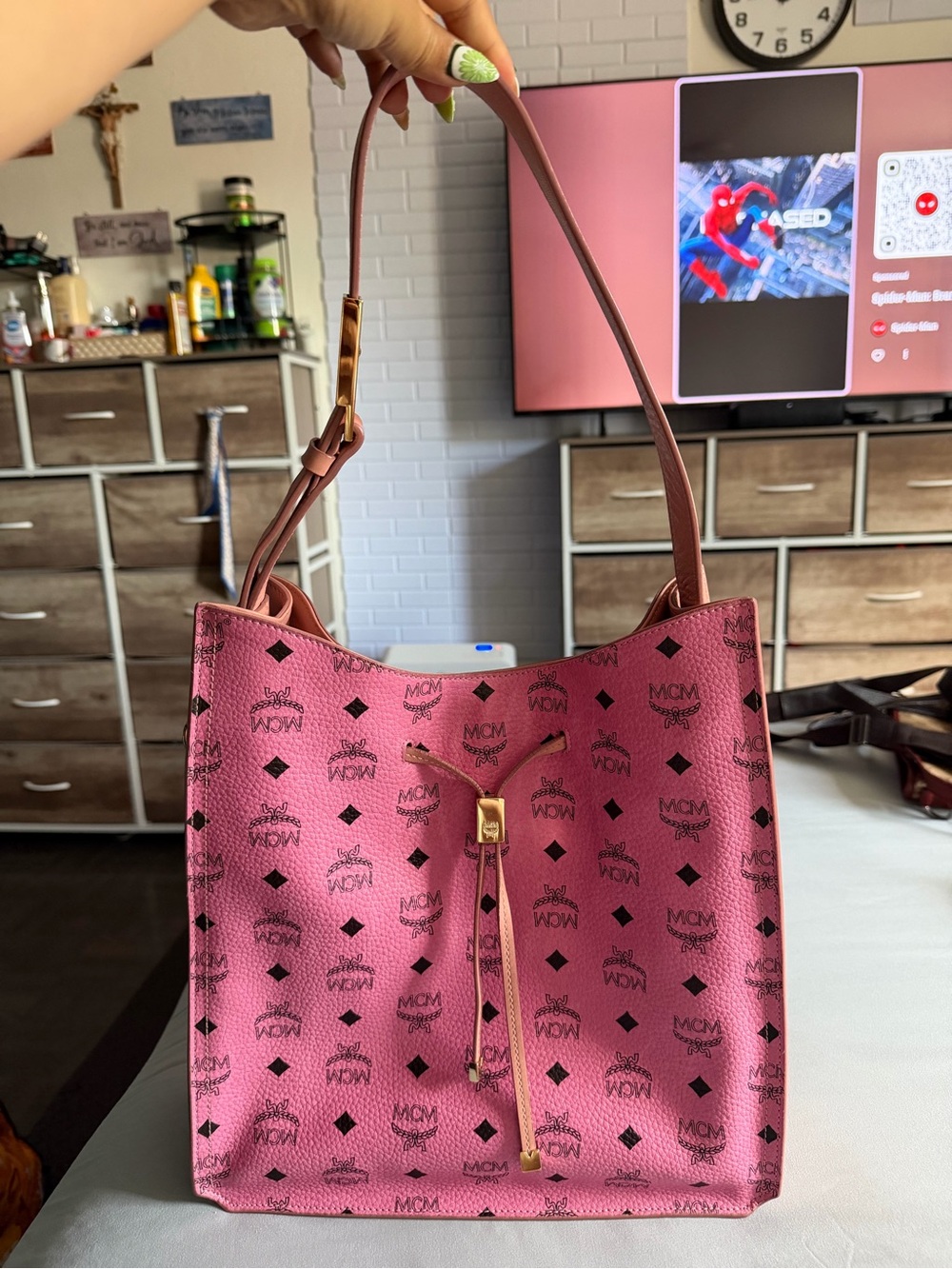 MCM Pink Logo Drawstring Shoulder Bag